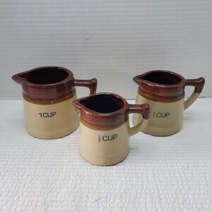 3 Stoneware Measuring Cups Brown Glazed Ceramic Crock Jug Vintage Tan Handle 70s